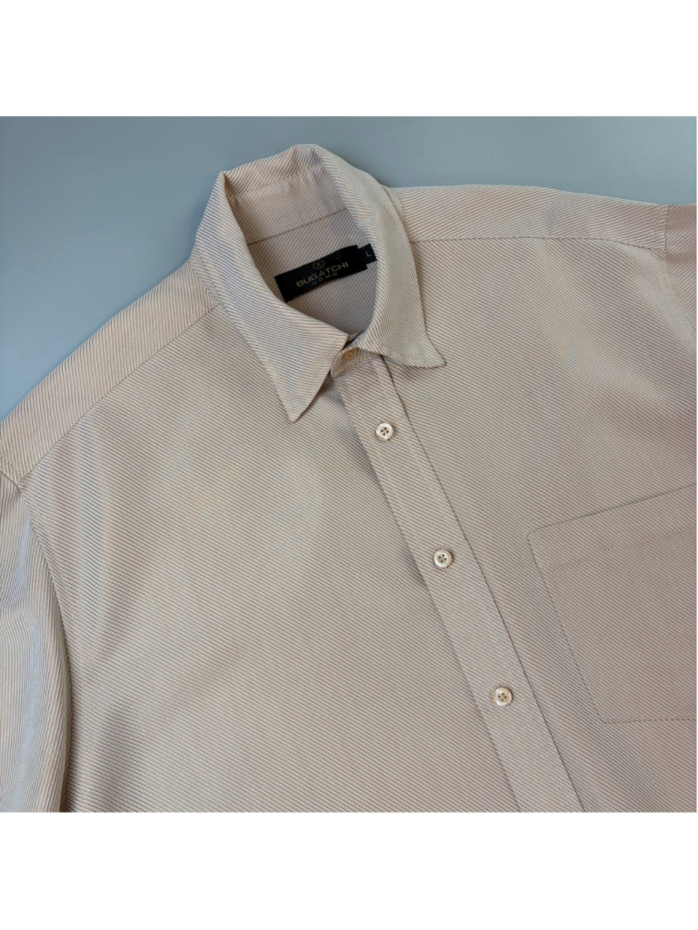 Bugatchi Uomo Button Down Shirt Large Beige Elevated Casual Rayon Microstripe